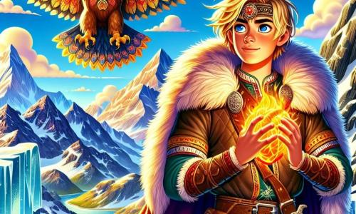 A young Viking named Ulric, about 16 years old, stands at the top of a majestic mountain, his face marked by determination and wonder. He has tousled blond hair, a budding beard, and wears a leather tunic adorned with Nordic patterns, with a red cape billowing behind him. His eyes shine with courage as he holds the shimmering Heart of Fire, a glowing gem pulsing with warmth.

Beside him, a majestic eagle with golden feathers and piercing eyes soars in the blue sky, symbolizing freedom and wisdom, watching over Ulric like a loyal protector.

The surrounding landscape is breathtaking: snow-capped peaks rise under a clear sky, while fluffy clouds float gently. Sparkling glaciers and rugged rocks encircle Ulric, creating a wild and enchanting backdrop.

The main scene shows Ulric, heart racing, raising the Heart of Fire towards the sky, as if invoking the power of the Norse gods. The gem's light illuminates his face, creating a magical and heroic atmosphere, while the wind blows around him, making his cape and the snowflakes dance.