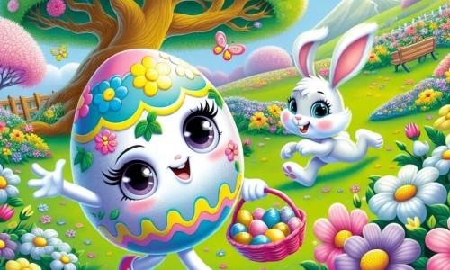 A colorful egg named Ellie, with a shiny shell in pastel shades of pink, yellow, and blue, is joyfully dancing in a flower-filled garden, her face radiating happiness. Next to her, Benny the rabbit, with his soft white fur, floppy ears, and sparkling eyes, is hopping excitedly while holding a small basket filled with chocolates and colorful eggs. The garden is a vibrant spring tableau, bursting with flowers of all colors, butterflies fluttering around them, and a majestic tree stands in the background, its branches laden with blossoms. In this scene, Ellie and Benny discover a hidden treasure under a flower bush, their faces lit up with the joy of adventure and friendship, ready to share their findings with their friends.