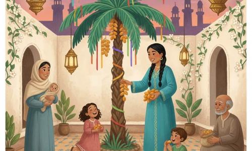 Layla, about 35, smiling and kind with braided black hair, wears a long turquoise dress with gold embroidery and offers a cluster of golden dates to children; an 8-year-old curly-haired girl in a dusty-pink dress laughs and skips by the palm trunk with hands full of fruit; a 6-year-old boy with short brown hair in a green T-shirt sits on the ground biting a date beside stacked sandals; a 28-year-old mother in a light beige headscarf holds a swaddled baby boy and looks gratefully at Layla; an elderly cobbler in his 60s with a dusty smock sits on a stool at the right, offering a small bag of bread in exchange. Setting: a small enclosed orphanage garden with ochre-and-blue mosaic floor, cream stucco walls, climbing white jasmine, brass lanterns, and a violet-orange twilight sky with minaret silhouettes. Main scene: a knotted-trunk palm with emerald fronds and jewel-like date clusters tied with colorful ribbons at the center, people sharing fruit in a warm, lively atmosphere with laughter, earthen bowls and striped cloths spread around. Style: saturated gouache with soft lines, visible paint texture, warm light, gentle contrasts, composition focused on the palm and expressive faces.