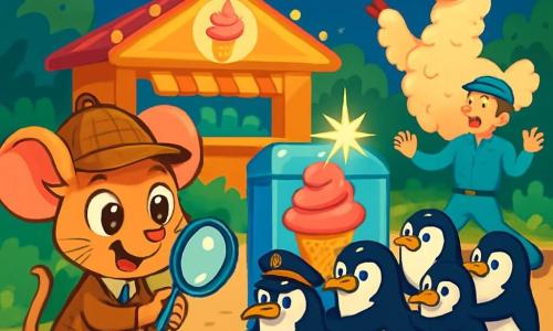 A little mouse named Max, wearing a brown detective hat and holding a magnifying glass, shows an expression of curiosity and excitement. His bright, large eyes and twitching whiskers indicate he is ready for adventure. Next to him, a group of black and white penguins, led by the determined Captain Waddle, is pushing a huge, shiny ice cream machine, their little feet sliding on the ground. In the background, the zoo snack shack, with bright colors and twinkling lights, is surrounded by green bushes and colorful flowers under a starry sky. The scene depicts Max and the penguins in action, attempting to steal the ice cream machine while the zookeeper, a middle-aged man in a cap, is distracted by a dancing fluffy llama joyfully spinning.