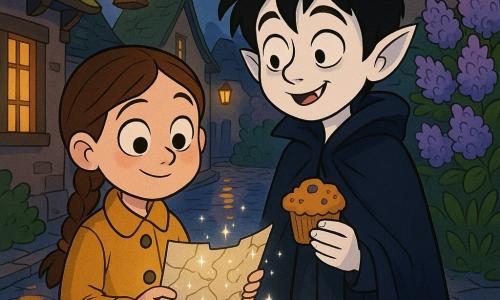 A curious eight-year-old girl with braided brown hair in a mustard coat and leather boots holds a shimmering paper card and smiles; a ten-year-old vampire boy, Vesper, with porcelain-pale skin, messy black hair and an oversized navy velvet cape, holding a blueberry muffin, looks amused; they stand close in a cobbled alley (girl left, Vesper right) as the glowing card casts a silver light and firefly-like sparks, announcing a joyful nocturnal adventure to moon berries amid a dusk village of mossy roofs, wet cobbles reflecting oil lamps, a blooming lilac bush behind Vesper and a gently swinging lantern.