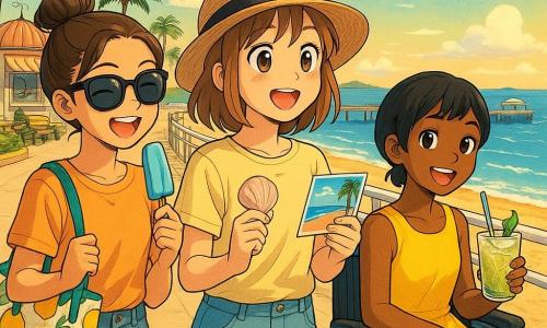 Three girls around 12: Maya — light chestnut mid-length hair, straw hat, shorts and light T-shirt, holding a pale pink shell in her right hand and a seaside postcard in her left, centered, gazing at the sea in wonder; Zoe — brown hair in a bun, oversized sunglasses, lemon-print tote on her left shoulder, holding a blue popsicle in her right hand, standing left of Maya with a playful confident pose; Leila — short black hair, bright yellow dress, seated in a modern wheelchair with colorful wheels, holding a mint lemonade glass with condensation, to Maya’s right, smiling and attentive. Setting: a golden-sand seaside promenade with a white-painted metal railing in the foreground, a donut kiosk and café with a striped awning, shaded benches beneath leaning palm trees, a small wooden pier and a distant ice-cream truck, blue sky with funny white clouds, late-afternoon golden light and sparkling reflections on the water. Main situation: the three friends are doing a phone-free summer challenge, laughing and watching the sea while holding challenge items (shell, postcard, lemonade, ice cream); warm, light atmosphere, joyful expressions, vivid colors and crisp textures (smooth shell, condensation on the glass, crumpled tote fabric).