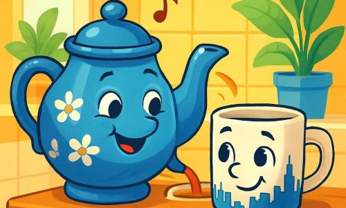 Tilly, an old blue ceramic teapot adorned with white flowers, stands on a wooden shelf, with a warm smile and sparkling eyes of joy. She is delicately pouring tea into a cup. Marco, an elegant coffee mug with a city skyline design, is right next to her. He looks curious and happy, with a slight smile on his face, admiring Tilly. The kitchen is bright and welcoming, with sunlight filtering through the window, illuminating the yellow walls and white tiles. Green plants are placed on the windowsill, adding a touch of nature indoors. The main scene shows Tilly and Marco sharing a moment of companionship, with Tilly singing a joyful melody while Marco listens attentively, both celebrating their friendship and differences in this warm and friendly atmosphere.