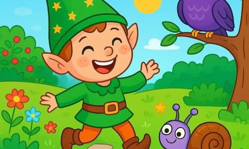A cheerful goblin, with a big bright smile, wears a vibrant green pointed hat adorned with small golden stars. His sparkling mischievous eyes shine under the sun as he dances on a winding path made of shimmering stones, surrounded by colorful flowers. Next to him, Pip the little snail, with his spiraled shell and wiggling antennae, slowly glides along, making funny faces. A bit further away, Hootley the owl, with purple feathers and large round eyes, perches on a branch, curiously observing the scene. The setting is a sunny meadow dotted with multicolored flowers and lush bushes, under a light blue sky with fluffy clouds. In the background, a field of juicy berries glistens in the sun, promising a delightful feast. The main scene shows the goblin and his friends creating a fun path filled with surprises and laughter, leading to a joyful picnic in the berry field.