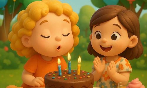Una niña de 4 años con cabello rizado dorado, una gran sonrisa y ojos brillantes está soplando las velas de un pastel de chocolate con chispas de colores. A su lado, otra niña de 4 años, con cabello castaño y un vestido de flores, aplaude alegremente. Están en un jardín luminoso y colorido, decorado con globos multicolores colgados de los árboles. La mesa está cubierta de pasteles y jugos de frutas, creando un ambiente festivo y alegre.