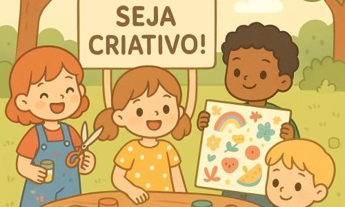 Quatro crianças num pequeno jardim ensolarado: Júlia, 9 anos, cabelo castanho claro em coques, vestido amarelo às bolinhas, sorridente à esquerda segurando um grande cartaz 