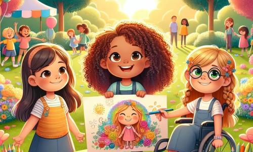 In un parco soleggiato, quattro ragazze di undici anni si tengono insieme, circondate da fiori colorati e alberi verdi. Sofia, con i capelli ricci e gli occhi brillanti, sorride gioiosamente mentre tiene un grande poster illustrato. Alla sua destra, Chiara, con i capelli lisci e castani, indossa occhiali e guarda attentamente il poster, esprimendo curiosità e riflessione. A sinistra di Sofia, Marta, con i capelli biondi e intrecciati, disegna con pastelli su un foglio, aggiungendo dettagli all'illustrazione del poster. Infine, Luna, con i capelli castani e ricci, è seduta sulla sua sedia a rotelle, sorridendo con orgoglio mentre mostra una foto delle sue opere d'arte. Il parco è pieno di risate di bambini, giochi e palloni colorati che fluttuano nel cielo blu. In lontananza, famiglie passeggiano, creando un'atmosfera gioiosa e accogliente. La scena principale mostra le quattro amiche che collaborano per creare un progetto sull'inclusione, evidenziando i loro talenti e la loro amicizia, simboleggiando la bellezza della diversità.