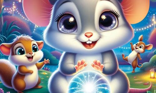 O mică șoarece pe nume Mica, cu blană gri moale și ochi mari strălucind de curiozitate, stă în centrul imaginii, zâmbind și uimită, ținând o minge magică strălucitoare în lăbuțele sale mici. La dreapta ei, Pufi, un iepure adorabil cu urechi mari și blană albă, sare de bucurie, cu ochii strălucind de entuziasm. La stânga, Cico, un tânăr veveriță cu blană brună, face o piruetă, cu un zâmbet mare pe față. În fundal, un parc de zoo colorat este luminat de ghirlande de lumini strălucitoare, cu copaci verzi și flori strălucitoare. Scena arată animalele jucându-se împreună cu mingea magică, creând o atmosferă veselă și prietenoasă sub un cer înstelat.
