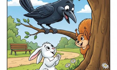 A shiny black crow with a rounded beak and mischievous, sparkling eyes perches on a low branch smiling down at a plush white rabbit with pink nose and long ears sitting at the tree base counting on its paws while a red squirrel with a bushy tail peeks from behind a large oak trunk, the sunny park with mown green grass, daisies and clover, a wooden bench and winding gravel path under a pale blue sky framing the playful hide-and-seek scene.