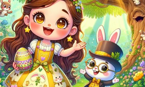 Una niña de 6 años, Clara, con largos cabellos castaños y ojos llenos de curiosidad, lleva un vestido amarillo decorado con dibujos de conejos. Sonríe alegremente, sosteniendo en sus manos un huevo de Pascua decorado con estrellas doradas, mientras se encuentra frente a un gran árbol majestuoso. A su lado, Don Conejo, un adorable conejo que habla, lleva gafas redondas y un sombrero de copa. Sonríe traviesamente, gesticulando con sus patas para mostrar el camino. El decorado es un jardín mágico, lleno de flores coloridas que bailan al ritmo de una suave brisa, con rayos de sol filtrándose a través de las hojas de los árboles. Aves de plumas brillantes vuelan alrededor, añadiendo un toque de magia a la atmósfera. La escena principal muestra a Clara descubriendo la puerta secreta del jardín encantado, llena de emoción y asombro, lista para entrar en un mundo fantástico lleno de aventuras de Pascua.
