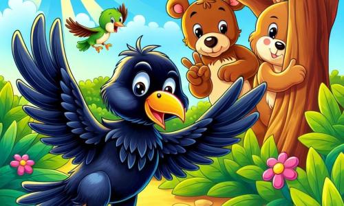 A raven named Coco, with shiny black feathers and sparkling mischievous eyes, is laughing while playing hide and seek, his wings spread and a big smile on his beak. Next to him, Benny the Bear, a teddy bear with soft brown fur and round eyes, is hiding behind a large tree, his paws visible and an amused smile on his face. Daisy the Deer, a beautiful doe with gentle eyes and white spots on her fur, stands a little further away, ready to run, with a joyful expression. The setting is a lush jungle, filled with large green leaves, colorful flowers, and sunlight filtering through the branches. The scene shows Coco counting while his friends hide, creating an atmosphere of play and camaraderie.