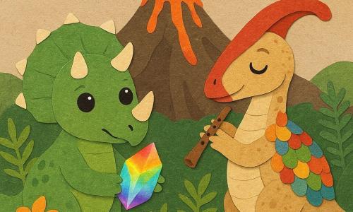 Ein junger Triceratops namens Trini mit grüner Haut und leuchtenden Augen zeigt einen Ausdruck von Mut und Neugier. Trini hält einen funkelnden Kristall in Regenbogenfarben in seinen Pfoten. Neben ihm spielt Lilo, ein kleiner Parasaurolophus mit bunten Schuppen, eine beruhigende Melodie auf seinem Kamm. Sie stehen am Rand eines imposanten Vulkans, dessen glühende Lava im Hintergrund sichtbar ist. Der Himmel ist klar, mit ein paar weißen Wolken, die sanft schweben. Der Boden ist mit exotischen Blumen und üppigen Farnen übersät, was eine geheimnisvolle und verzauberte Dschungelatmosphäre schafft.