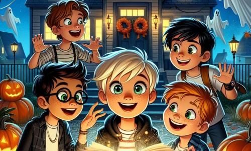Op een sterrenachtige Halloween-nacht staan vier jongens op de drempel van een houten huis, versierd met oranje pompoenen en spinnenwebben. Max, een 10-jarig jongen met bruin haar en sprankelende ogen, houdt een oud magisch boek open, met een opgewonden gezicht. Links van hem kijkt Bram, een 9-jarig jongen met een bril en messy blond haar, nieuwsgierig naar het boek. Rechts van Max glimlacht Sam, een 10-jarig jongen met zwart haar en een lichte huid, terwijl hij wijst naar een pompoen die lijkt te dansen. Tenslotte staat Tim, een 11-jarig jongen met rood haar en sproeten, achter hen, lachend en zijn armen in de lucht stekend, verwonderd door de magie om hen heen. De locatie is een rustige straat, verlicht door de maan, waar de huizen versierd zijn met Halloween-decoraties: papieren spookjes, fonkelende lantaarns en herfstbladeren. De bomen wiegen zachtjes in de wind, wat een vleugje mysterie aan de sfeer toevoegt. De hoofdactie toont de jongens die een magische spreuk hardop voorlezen, omringd door pompoenen die tot leven lijken te komen, met glimlachende gezichten en sprankelende ogen, wat een vrolijke en betoverende sfeer creëert.