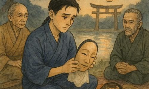 Ein junger Mann (Haru) mit sanftem, konzentriertem Gesicht, leicht besorgten aber entschlossenen Augen, kurzen geflochtenen schwarzen Haaren und einfachem indigo Kimono sitzt auf einer Decke neben einigen Laternen und hält behutsam eine polierte Holzmaske mit schmalen Augen und feinem Lächeln, als ob er sie anbietet oder schützt; links sitzt ein etwa 65‑jähriger Mann (Meister Jiro) mit faltiger Haut, zurückgekämmtem grauen Haar und abgenutztem braunem Kimono auf einer Holzbank, mit nostalgisch-zurückhaltendem Blick auf Haru; rechts sitzt ein etwa 68‑jähriger Mann (Meister Sato) mit müdem, aber entschiedenem Gesicht und leichter Bartstoppel in dunkelgrünem Kimono, leicht zu Jiro gewandt, die Hände auf den Knien, bereit zu sprechen; im Vordergrund dösen einige Kinder (Jungen und Mädchen, 6–10 Jahre) auf bunten Decken in einem Halbkreis; Schauplatz: Flussufer bei Dämmerung mit einer großen dunkelnadeligen Kiefer, einem hölzernen Torii im Hintergrund und hängenden Papierlaternen, die warmes, flackerndes Licht und orangefarbene Reflexe im Wasser werfen; Szene: eine versöhnliche Nachtwache unter Laternen, ruhig und zärtlich, Haru zeigt die Maske als geheimnisvollen, kostbaren Gegenstand, die beiden Meister beginnen, ihre Klage zu besänftigen; Komposition mittig auf Haru und der Maske, sanfte Kontraste zwischen feiner Tusche und warmen Aquarellwaschungen.