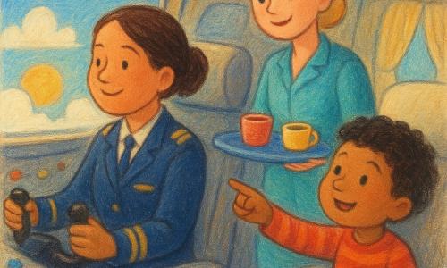 O pilotă zâmbitoare și senină, față rotundă, păr brun prins în coc, îmbrăcată într-un uniformă bleumarin cu epoleți aurii, ține volanul avionului și privește pe hublou spre nori; o însoțitoare de bord de circa 30 de ani, păr blond scurt, costum turcoaz, aduce o tavă cu băuturi pe culoar și stă lângă un scaun în spatele pilotoarei; un băiat de circa 6 ani, păr negru zburlit, pulover roșu cu dungi, stă la hublou și arată spre nori, la dreapta însoțitoarei; cabina și cockpitul sunt desenate cu linii moi, butoane colorate și afișaje luminate, perdele deschise și rânduri de scaune moi; afară, cerul are nori albi și raze de soare aurii care filtrează, reflexii calde pe viziere; scenă calmă, primitoare și protectoare, culori pastel saturate, textură vizibilă de creion pastel gros, perspectivă ușor în plongée pentru a-i vedea pe pilotă, însoțitoare și băiat împreună, compoziție centrată și lizibilă pentru un copil de 4 ani.