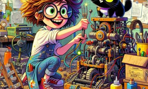 Lucía, una joven con el cabello despeinado y gafas redondas, trabaja con entusiasmo en su taller. Su rostro está iluminado por una sonrisa alegre y sus ojos brillan de curiosidad. Lleva una bata manchada de pintura y pegamento, y está inclinada sobre una extraña máquina rodeada de piezas de todo tipo. A su lado, Tornillo, su gato negro de ojos verdes brillantes, observa intrigado desde una pila de libros, curioso y un poco desconfiado sobre lo que su dueña va a inventar esta vez. El taller es un lugar caótico, lleno de herramientas viejas, cajas de cartón, cables de colores y dibujos en las paredes. Luces parpadean en la máquina, que parece una mezcla de robot y caja de herramientas, con engranajes girando y botones de todos los colores. Lucía acaba de meter un plátano en la máquina y, con gran emoción, tira de la manivela. En una nube de humo multicolor, aparece un zapato que hace sonidos de trompeta, y ella estalla en risas, con los ojos brillantes de sorpresa y alegría.