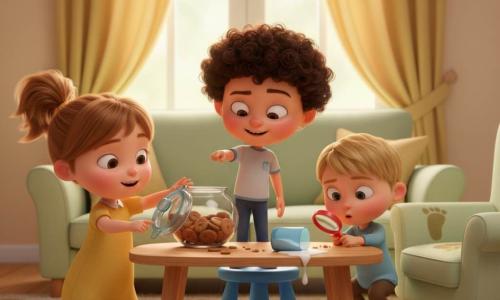 Hay tres niños de 3 años: Lola (izquierda, coletas, ojos redondos, arrodillada ante una pequeña mesa, alcanza una caja de galletas abierta), Tomás (centro, rizos negros, sonriente, de pie en un taburete azul, señala migas en el suelo) y Nico (derecha, cabello rubio corto, agachado junto a una silla con una lupa roja de plástico). En un salón luminoso y acogedor con alfombra cremosa de estrellas, mesa baja de madera clara, ventana con cortinas amarillas y un sofá verde pálido; hay una caja de galletas abierta y un vaso de leche azul volcados. Los tres pequeños detectives investigan migas brillantes en la alfombra, una mancha de leche y una huella pegajosa en la silla; ambiente alegre y colores pasteles.