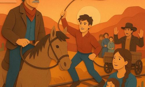 Hombre maduro de rostro curtido por el sol, bigote gris y sombrero de vaquero gastado, tranquilo y decidido sujetando las riendas en una colina; joven de unos 18 años, pelo castaño despeinado, sonrisa concentrada, ligeramente atrás lanzando una cuerda; mujer de unos 30 años con el pelo trenzado sosteniendo a un niño, aliviada junto a otros viajeros; jefe de los bandidos de unos 35 años con cicatriz en la mejilla y sombrero oscuro, sorprendido junto a un carro que bloquea las vías; paisaje del Oeste al atardecer con colinas rojizas, rieles brillantes, cielo naranja-rosa, cactus y rocas; escena principal: confrontación no violenta en la colina sobre un antiguo ferrocarril, héroe protegiendo viajeros, ambiente de valentía serena, siluetas marcadas, colores cálidos y texturas de papel recortado.