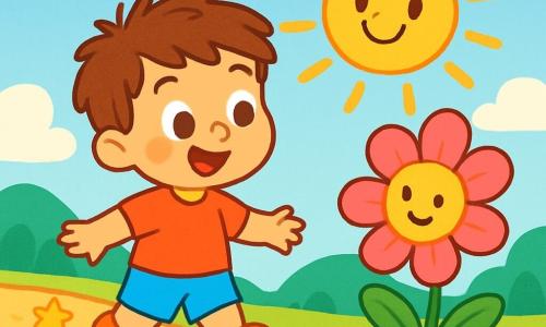 Un niño de 2 años, Lucas, con cabello castaño desordenado y ojos llenos de curiosidad, camina por un camino de pequeñas estrellas brillantes. Tiene una sonrisa radiante y sus mejillas están sonrojadas de emoción. A su lado, una flor colorida, que danza al viento, con pétalos rosas y amarillos, parece invitarlo a bailar. Un sol sonriente, con un rostro alegre y rayos dorados, brilla arriba, esparciendo una luz cálida sobre la escena. El lugar es un paisaje encantador, lleno de suaves colinas verdes, nubes esponjosas y un cielo azul brillante. La situación principal muestra a Lucas, maravillado, deteniéndose para escuchar la flor que danza y el sol que brilla, descubriendo la magia de la naturaleza que lo rodea.