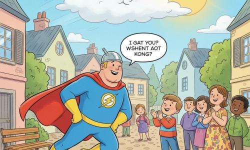 A smiling, confident superhero, Flashy Fred—tall and stocky with a flowing red cape, shiny silver hat, bright blue suit and yellow boots—hovers leaning toward a fluffy white cloud with a mischievous face that parts to reveal a golden sun; a 5-year-old light brown-haired boy in colorful clothes stands on a square stone clapping in awe, a smiling woman in a floral dress stands behind him among villagers; sunny village square with pastel houses, cobblestones, a bench, green trees and flowers; warm, joyful atmosphere with bright colors and soft lines, centered on the hero convincing the cloud to move so the sun returns.