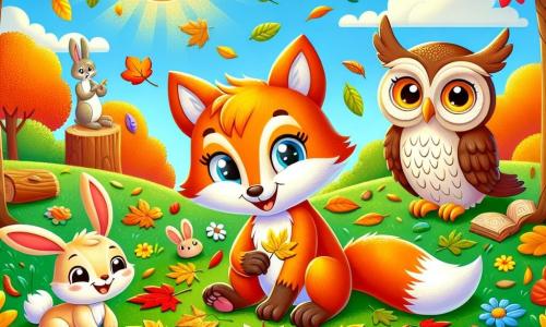 An illustration depicts a joyful fox with bright orange fur and round, curious eyes. It sits on the grass, surrounded by colorful autumn leaves, smiling as it gathers leaves to create a piece of art. Nearby, a small rabbit with large ears and soft white fur watches the fox enthusiastically, holding a star-shaped yellow leaf. A wise owl perched on a tree branch observes the scene with admiration. The setting is a sunny garden filled with trees displaying vibrant red, yellow, and orange leaves, with a colorful carpet of fallen leaves beneath the golden rays of the sun. The main scene shows the fox and rabbit happily collaborating on an autumn collage, surrounded by their animal friends, sharing laughter and stories while celebrating the season's beauty. Additional elements include scattered autumn leaves, a clear blue sky with white clouds, and an overall sense of joy and friendship.