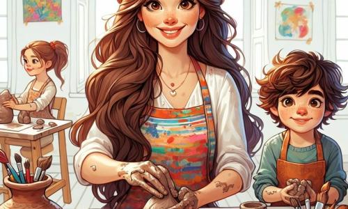 Marta, una donna sui trent'anni, è al centro dell'immagine, con lunghi capelli castani ondulati e un sorriso caloroso. Indossa un grembiule colorato, macchiato di vernice e argilla, e le sue mani sono coperte di tracce d'argilla. Sta modellando una piccola scultura, concentrata e felice, con occhi scintillanti di entusiasmo. Accanto a lei, Giacomo, un ragazzo di 8 anni con capelli ricci e occhi curiosi, osserva attentamente. Tiene un pezzo di argilla nelle sue piccole mani, pronto a creare la sua scultura. Un po' più in là, Sofia, una bambina di 7 anni con due grandi trecce, è seduta per terra, circondata dalle sue creazioni, con un sorriso orgoglioso. La scena si svolge in uno studio luminoso, pieno di grandi finestre che lasciano entrare la luce del sole. Tele colorate e sculture in argilla sono sparse intorno, creando un'atmosfera calda e ispiratrice, con barattoli di vernice e pennelli sparsi sui tavoli. Marta e i bambini sono immersi in un momento di creatività, esprimendo la loro immaginazione attraverso l'argilla, condividendo risate e idee, mentre l'atmosfera è piena di gioia ed eccitazione artistica.
