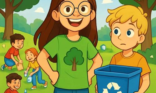 Una ragazza di 12 anni, Sofia, con lunghi capelli castani e occhiali rotondi, è in piedi al centro di un parco soleggiato, con un grande sorriso sul volto, piena di entusiasmo e determinazione. Indossa una maglietta verde con un albero disegnato sopra e un pantaloncino di jeans. Accanto a lei, il suo amico Marco, un ragazzo di 12 anni con capelli biondi e occhi vivaci, tiene un grande contenitore per il riciclaggio, con un'espressione curiosa e un po' incerta. Sullo sfondo, altri bambini di diverse età raccolgono rifiuti colorati, alcuni ridendo e altri concentrati sul loro compito. Il parco è pieno di alberi verdi, fiori colorati e un prato ben curato, ma si possono vedere rifiuti sparsi per terra, come bottiglie di plastica e sacchetti di carta. La scena trasmette un'atmosfera gioiosa e dinamica, con un cielo blu chiaro e alcune nuvole bianche fluttuanti. Sofia, con il suo gruppo di amici, sta organizzando una grande operazione di pulizia, incoraggiando tutti a partecipare per rendere il parco più bello e pulito.
