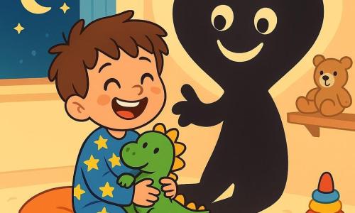 Un niño de 4 años, Tomás, con el cabello castaño desordenado y ojos brillantes, está sentado en un cojín suave en un rincón de su habitación. Lleva un pijama azul con estrellas amarillas y sonríe alegremente, abrazando un peluche en forma de dragón. A su lado, su sombra, una silueta negra y divertida, toma la forma de un gran corazón en la pared, con ojos redondos y una sonrisa traviesa. La habitación es luminosa, con paredes pintadas en tonos pastel, juguetes coloridos esparcidos por el suelo y una ventana abierta que deja entrar la suave luz de la luna. En esta escena, Tomás y su sombra ríen juntos, aprendiendo a respetar a los demás mientras juegan, creando una atmósfera mágica y alegre.