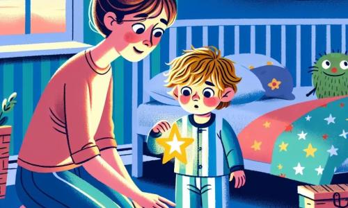 Een jongetje van 2 jaar, genaamd Lars, staat in zijn kamer met een bezorgde maar nieuwsgierige uitdrukking. Hij heeft rommelig blond haar, heldere blauwe ogen en draagt een gestreepyjama in blauw en wit. Hij kijkt naar een kleine sterrenlamp die de kamer zachtjes verlicht en zijn gezicht een warme gloed geeft. Naast hem knielt zijn moeder, een vrouw van in de dertig met bruin haar in een knot en een geruststellende glimlach, om op zijn hoogte te zijn. Ze draagt een kleurrijke t-shirt en comfortabele broek en houdt zijn hand vast om hem moed te geven. De kamer is versierd met pastelblauwe muren, posters van planeten en sterren, en speelgoed dat op de vloer ligt. In een hoek staat een groot bed met een zachte dekbed en kleurrijke kussens, en een raam laat het maanlicht binnen. In deze scène ontdekt Lars, die een beetje nerveus is, zijn nieuwe lamp die zachtjes straalt in de duisternis, terwijl zijn moeder hem uitlegt dat het donker rustgevend kan zijn en dat hij niet alleen is.