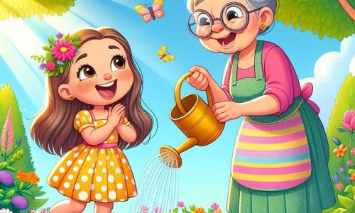 Una niña de 4 años, con largos cabellos castaños y ojos llenos de curiosidad, riega flores en un jardín soleado. Lleva un vestido amarillo con lunares y sandalias rosas, mostrando una gran sonrisa. A su lado, una mujer de unos 60 años, la abuela Rosa, con cabello gris recogido y gafas redondas, le enseña a la niña cómo regar las plantas. La abuela, vestida con un delantal colorido, está cerca de un huerto lleno de verduras. El jardín es exuberante, lleno de flores de colores vivos, verduras verdes y mariposas volando. Al fondo, árboles majestuosos ofrecen una sombra suave, mientras un cielo azul claro ilumina la escena. La niña y la abuela comparten un momento de felicidad, riendo juntas mientras cuidan las plantas, creando una atmósfera alegre y cálida.