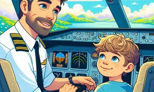 Mężczyzna, pilot, siedzi w kokpicie dużego samolotu. Ma brązowe włosy, starannie przystrzyżoną brodę i nosi strój pilota z czapką. Jego twarz promienieje dumą i entuzjazmem, gdy patrzy przez okno, obserwując białe, puszyste chmury poniżej. Obok niego siedzi mały chłopiec imieniem Franek, około 8-letni, z rozczochranymi blond włosami i niebieską koszulką z rysunkiem samolotu. Patrzy na pilota z szeroko otwartymi oczami, pełen podziwu i ciekawości. Kokpit jest wypełniony kolorowymi przyciskami i świecącymi instrumentami. Na zewnątrz niebo jest jasnoniebieskie, usiane łagodnymi chmurami, a w oddali widać zielone góry. Główna scena pokazuje pilota wyjaśniającego Frankowi, jak ważne jest sprawdzenie instrumentów przed startem, dzieląc się fascynującymi historiami o swoich przygodach w powietrzu.