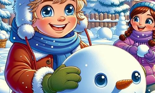 Ein 7-jähriger Junge mit zerzausten blonden Haaren und strahlenden Augen baut einen großen Schneemann in einer winterlichen Landschaft. Er trägt eine dicke rote Jacke, eine blaue Wollmütze und grüne Handschuhe und lächelt begeistert. Neben ihm hilft seine beste Freundin Mia, ein 7-jähriges Mädchen mit geflochtenen braunen Haaren und von der Kälte geröteten Wangen, indem sie eine riesige Schneekugel rollt. Sie trägt einen lila Schal und einen rosa Mantel und lacht, während sie Max anschaut. Die Szenerie zeigt ein charmantes, verschneites Dorf mit holzverkleideten Häusern, schneebedeckten Dächern, majestätischen Tannenbäumen, die mit funkelnden Schneeflocken geschmückt sind, und einem hellblauen Himmel, in dem die Sonne sanft scheint. Die Szene strahlt eine fröhliche und magische Atmosphäre aus, erfüllt vom Geist des Winters. Max und Mia erschaffen ihr Meisterwerk, einen Schneemann, während sanfte Schneeflocken um sie herum fallen und die Magie dieses Moments der Freundschaft und Kreativität verstärken.