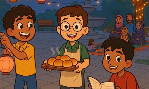 Há três personagens: Tarek, menino de 10 anos, cabelos negros encaracolados, pele oliva, camisa amarela e calça azul, à esquerda segurando lanternas de papel coloridas; Amir, menino de 10 anos, cabelos castanhos curtos, óculos redondos, pele clara, camisa verde e avental bege, ao centro oferecendo um tabuleiro de pãezinhos quentes; Hakim, menino de 11 anos, cabelos pretos lisos, pele caramelo, camiseta vermelha, à direita ajoelhado junto a uma caixa de livros abrindo um para a roda de leitura. O local é uma grande praça pavimentada ao crepúsculo com uma fonte de pedra ao fundo, árvores com luzes e lanternas penduradas que lançam tons quentes. Situação: noite de leitura e partilha durante o Ramadã, amigos organizando contos, famílias em tapetes coloridos ouvindo, cheiro de pão quente e ambiente acolhedor e festivo.