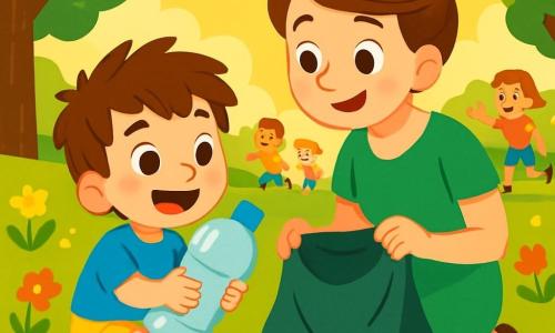 Een 4-jarig jongetje genaamd Sam, met rommelig bruin haar en een grote blije glimlach, zit in een groen park en houdt een grote plastic fles vast in zijn kleine handen. Hij draagt een felblauw T-shirt en gele shorts, en zijn ogen stralen van opwinding en trots. Naast hem staat zijn moeder, een vrouw van rond de dertig met bruin haar in een knot en een groene jurk, die glimlacht terwijl ze hem aanmoedigt en een grote tas vasthoudt om afval op te rapen. Het park is gevuld met kleurrijke bloemen, majestueuze bomen en een goed onderhouden gazon, verlicht door het gouden zonlicht. Kinderen spelen vrolijk op de achtergrond, rennend en lachend, terwijl sommigen naar Sam toe komen om hem te helpen met het opruimen van het afval. De hoofdscène toont Sam en zijn moeder, samen met vrienden, die het park schoonmaken, waardoor de natuur mooier en schoner wordt, met blije en vriendschappelijke gezichten.