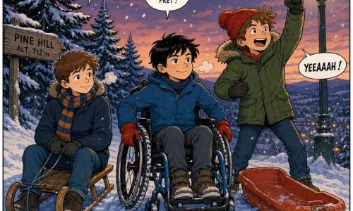 Three 11-year-old boys on Pine Hill at dusk in thick snow: Leo (short chestnut hair, striped scarf, navy coat) sits left on a small wooden sled with a calm, contained smile; Noah (messy brown hair, red beanie, green coat) stands right with a worn plastic sled, poised to shout with joy; Milo (black hair) sits center-front in an adapted manual wheelchair with red gloves, hands on the wheels and a determined, serene expression. Dark, snow-laden pines form the background, an old lamppost casts a soft yellow light, large falling snowflakes and visible breath and tiny graphic bubbles of laughter fill the air, sled tracks in compacted snow — the three friends are ready to race downhill together.