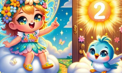 Sunny, a small fairy with sparkling golden wings, is sitting on a fluffy white cloud, beaming with joy and excitement. Her eyes shine like stars, and she wears a colorful dress made of flower petals. Next to her, a small blue bird with shiny feathers looks at Sunny with admiration, its eyes sparkling with happiness as it perches on the edge of the cloud, ready to take flight. The setting is a magical garden filled with colorful flowers and dancing butterflies, under a bright blue sky with twinkling stars floating around soft clouds. The main scene shows Sunny opening a shimmering wooden door, revealing a fairy world filled with sparkling lights and fluffy clouds, as she expresses her excitement with joyful gestures and bursts of laughter.