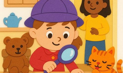 A 4-year-old girl with light brown pigtails, a round smiling face and curious eyes wears a purple detective hat and holds a small magnifying glass, intently examining a trail of bright orange juice drops on a light wooden kitchen table, expression concentrated and proud. A brown teddy bear with sewn eyes sits on a chair to her left, arms open. A small fluffy orange tabby cat named Whiskers licks a juice-stained paw at the right edge of the table, mischievous. The mother, about 30, stands in the kitchen doorway smiling, hands ready to help. Sunny warm kitchen, light wood table with crumbs, a tipped cup, shiny juice drops and a folded cloth; scene simple, bright, colorful with bold outlines, rounded shapes and a vivid palette (purple, orange, yellow, light wood).