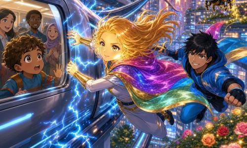The heroine, Luna Spark, a radiant woman with mid-length golden hair billowing in the wind and a color-shifting multicolored cape, grips the side of a moving magnetic train with both hands, determined yet reassuring; beside her to the right flies Bolt, an about-18-year-old man with short black hair and a blue sporty outfit, smiling encouragingly and ready to help; a small boy of about seven with chestnut hair and wide surprised eyes sits against the train window inside, looking at Luna with admiration; a tiny yellow-and-chrome bee-robot with translucent shimmering wings pollinates a rooftop rose garden nearby; the setting is a modern city at dusk with glass skyscrapers reflecting a pink-orange sky, arcing magnetic rails and glowing multicolored rooftop gardens; the main action is Luna braking the train mid-flight above the rails with blue magnetic sparks flying, relieved passengers and the illuminated city in the background.