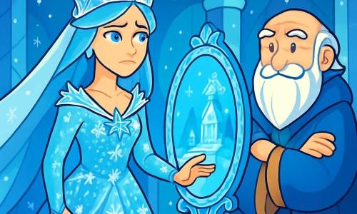 The Snow Queen, a majestic woman of icy beauty, wears a shimmering gown made of snowflakes and ice crystals. Her face carries a gentle melancholy, and her azure blue eyes shine with determination as she stands at the center of the scene, looking hopefully at a sparkling magic mirror before her. Beside her is the wise man, an elderly figure of about 70, with a long white beard and sparkling eyes of wisdom. He stands slightly back, arms crossed, observing the Queen with a benevolent smile, ready to share his knowledge. The setting is a magnificent crystal palace, with shimmering walls reflecting light in all directions. Sculpted ice columns rise to a starry ceiling, while snowflakes gently fall outside, creating a fairy-tale atmosphere. The main scene shows the Snow Queen in front of the magic mirror, which reveals images of her kingdom and hidden truths. She appears both contemplative and determined, ready to embrace change and bring light to her realm.