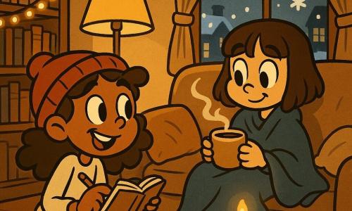 There are two girls of about 12: Lina, with curly chestnut hair peeking from a red beanie, playful expression, sitting on the floor left holding an open notebook and pencil and smiling while tilting her head toward her friend; Maya, with a straight brown bob and a calm, shy look, sitting on the sofa right under a large blue blanket, holding a steaming cup of hot chocolate and looking at the notebook. The scene is a small cozy living room seen three‑quarter view with a soft sofa, a yellow lampshade casting warm light, a string of small yellow bulbs on a bookshelf, and a curtained window showing a snowy street with large flakes falling. They share a cozy corner on a winter afternoon; the open notebook shows notes and drawings, a candle in a jar casts a soft glow on the coffee table, cushions and a throw are rumpled, steam rises from the hot chocolate, and the intimate composition uses a warm palette contrasted with the pale blue of the snow outside.