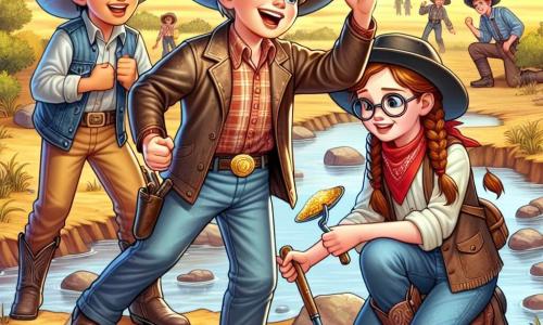 Młody chłopak, Jake, około 12-letni, z jasnobrązowymi włosami i szerokim uśmiechem, nosi zużytą kapelusz kowbojski i koszulę w kratę. Stoi na głazie, z uniesionymi rękami w geście zwycięstwa, z błyszczącymi oczami pełnymi ekscytacji, patrząc na złoty odłamek metalu w swojej dłoni. Obok niego Mary, 11-letnia dziewczynka z warkoczami, nosi skórzaną kurtkę i czerwoną chustę na szyi. Uśmiecha się, z rękami na biodrach, pełna entuzjazmu, lekko z tyłu, gotowa mu pomóc. Tom, 12-letni chłopak w okularach z kręconymi włosami, klęczy przy strumieniu, uważnie badając ziemię małą łopatką, skoncentrowany na swoim zadaniu. Sceneria znajduje się w złocistej prerii, z falistymi wzgórzami na horyzoncie, jasnoniebieskim niebem usianym białymi chmurami i kaktusami rozsianymi wokół nich. Główna sytuacja pokazuje Jake'a i jego przyjaciół odkrywających złoty odłamek metalu, symbol ich przyjaźni i przygody, w tętniącym życiem otoczeniu dzikiej natury i koleżeństwa.