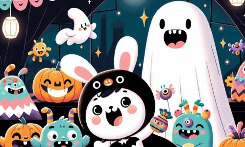 Un pequeño conejo llamado Pipo, con un pelaje suave y blanco, lleva una capa de murciélago negra y muestra una gran sonrisa de emoción. Baila alegremente en medio de una habitación oscura y misteriosa, llena de decoraciones de Halloween, como telarañas y calabazas sonrientes. A su lado, un fantasma amistoso llamado Gigi, flotando con una gran sábana blanca, sonríe cálidamente, sus ojos brillando de alegría. Un poco más lejos, tres monstruos coloridos: Rufi, un monstruo peludo con ojos redondos y una amplia sonrisa, Lila, un monstruo de colores vivos con antenas, y Tico, un pequeño monstruo con grandes orejas, todos ríen y bailan juntos, creando una atmósfera festiva. La habitación está iluminada por linternas centelleantes, y una gran caja llena de dulces ocupa el centro, añadiendo un toque de magia a esta noche de Halloween.