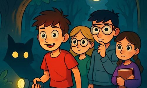 Há 4 crianças: - Lucas: um garoto de 12 anos, com cabelos castanhos bagunçados e olhos cheios de curiosidade. Ele usa uma camiseta vermelha e um short azul, e está à frente, com uma lanterna na mão, pronto para explorar. - Sofia: uma menina de 11 anos, com cabelos longos e loiros, usando óculos redondos que lhe dão um ar inteligente. Ela veste um vestido verde e está um pouco atrás, olhando ao redor com uma mistura de excitação e apreensão. - Tiago: um garoto de 12 anos, com cabelos negros e óculos de proteção na testa. Ele está vestido com um moletom cinza e está ao lado de Lucas, pensando na melhor forma de avançar. - Clara: uma menina de 10 anos, com cabelos castanhos e tranças. Ela usa um suéter roxo e está atrás de Sofia, segurando um caderno de esboços, pronta para desenhar o que vê. O local da situação principal é uma floresta densa e misteriosa, com árvores gigantescas e troncos retorcidos, e folhas de um verde vibrante. A luz da lua filtra através dos galhos, criando sombras dançantes no chão coberto de folhas secas. Sons estranhos ecoam no ar, e uma leve névoa envolve o solo, adicionando uma atmosfera mágica e levemente assustadora. A situação principal da história mostra os quatro amigos descobrindo uma clareira encantada, onde encontram uma criatura misteriosa com olhos brilhantes. Eles estão juntos, unidos diante do desconhecido, com expressões de determinação e coragem em seus rostos, prontos para enfrentar seus medos.