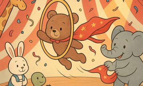 Um pequeno urso de pelúcia marrom chamado Biscoito, rosto redondo e olhos suaves, parece meio nervoso e depois feliz enquanto salta por um grande aro dourado fazendo um gesto gracioso; sua capa vermelha com estrelas douradas voa atrás dele, um elefante grisalho e sorridente, tromba enrolada em um trombone brilhante, pega a capa e olha para Biscoito com benevolência ao lado do aro; um coelho branco de orelhas longas com um pequeno colete listrado segura uma almofada fofa na entrada da pista e sorri pela esquerda; uma tartaruga verde de carapaça manchada senta-se na beira e aplaude suavemente; uma girafa de pescoço longo limpa bolas coloridas ao fundo inclinada para a direita; a lona do circo com grandes listras vermelhas e brancas ocupa o fundo com luzes quentes e refletores amarelos apontados para a pista circular de madeira, confetes e fitas no ar — cena principal: momento alegre e levemente cômico em que Biscoito atravessa o aro dourado, sua capa voa, o elefante a segura e o público de animais aplaude sob uma luz suave e colorida.