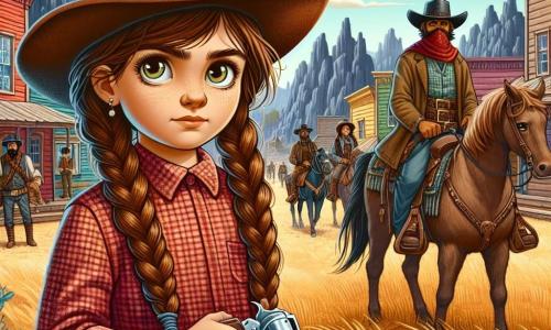 Clara, una giovane cow-girl di 12 anni, si trova orgogliosamente al centro dell'immagine, con lunghi capelli castani intrecciati e un grande cappello di feltro. Il suo viso esprime una determinazione audace, con occhi scintillanti di coraggio. Indossa una camicia a quadri rossa e un jeans consumato, tenendo un vecchio revolver ereditato dal nonno, pronta a difendere il suo villaggio. Accanto a lei, suo padre, un cowboy di circa quarant'anni, con una barba rossa e uno sguardo protettivo, osserva attentamente l'orizzonte, armato di un fucile. Sullo sfondo, un gruppo di banditi minacciosi, uomini di una trentina d'anni, con cappelli neri e fazzoletti sul volto, si prepara ad attaccare il villaggio, con i loro cavalli impazienti al fianco. Il contesto è il piccolo villaggio di Dusty Creek, con case di legno dai colori vivaci, circondate da ampie praterie dorate e montagne scure all'orizzonte, sotto un cielo blu punteggiato di nuvole bianche. La scena principale mostra Clara e suo padre, determinati a difendere il loro villaggio contro i banditi in avvicinamento, illustrando coraggio e spirito di squadra in un momento di tensione palpabile.