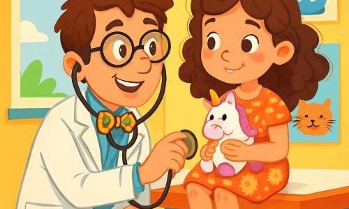 Dr. Ben is a smiling man in his thirties with messy brown hair and round glasses. He wears a white coat, a stethoscope around his neck, and a colorful bow tie with frog patterns. He looks cheerful and reassuring as he squats down to listen to a little girl's belly. Ellie, a 7-year-old girl with lovely brown curls and sparkling eyes, sits on the examination table. She wears a floral dress and holds a small stuffed unicorn in her arms. She smiles shyly, a bit nervous but full of hope. The scene takes place in a bright medical office with vibrant yellow walls, fun animal posters, and colorful toys scattered on the floor. A large window lets in sunlight, illuminating the room. Dr. Ben listens carefully to Ellie's belly, which hurts slightly due to her excitement for her birthday. The atmosphere is warm and welcoming, filled with laughter and colors, as Dr. Ben reassures Ellie with kind words and a friendly smile.
