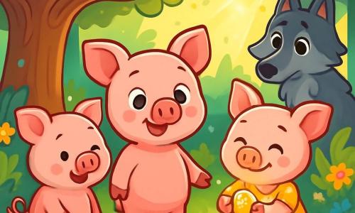 Uno de los Tres Cerditos, Porquillo, un pequeño cerdito rosa con ojos brillantes y una sonrisa cálida, se encuentra en el centro de la imagen, con las orejas erguidas y una mirada curiosa, como si hubiera descubierto un secreto fascinante. A su derecha, Porqueta, una cerdita de pelaje sedoso y vestido con flores, sonríe con sabiduría, sosteniendo un talismán brillante en sus pequeñas patas, mientras que Porquín, el tercer cerdito, con rasgos traviesos y cola en espiral, observa con expresión de sorpresa y asombro. En el fondo, un gran lobo de ojos suaves y tristes se encuentra cerca de un majestuoso árbol, con las patas delanteras apoyadas en el suelo, como si esperara tener la oportunidad de hacer amigos. El escenario es un hermoso bosque encantado, con árboles de troncos retorcidos, hojas verdes brillantes y flores coloridas que bailan al viento, mientras un rayo de sol atraviesa el follaje, iluminando la escena con una luz dorada. La situación principal muestra a los tres cerditos y al lobo reunidos, compartiendo un momento de comprensión y amistad, rodeados de la belleza de la naturaleza, simbolizando la armonía y la magia de su nueva comunidad.