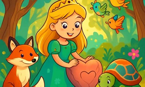 La princesa Eloísa, una joven de largos cabellos dorados y ojos brillantes como estrellas, se encuentra en el centro de un claro encantado, su rostro radiante de determinación y alegría. Lleva un vestido ligero de tela verde esmeralda, adornado con flores delicadas, y toca suavemente un corazón de piedra que late lentamente, como si intentara insuflarle vida. A su lado, un zorro astuto, con pelaje brillante y ojos traviesos, observa la escena, listo para ayudarla. Más lejos, una tortuga sabia, con caparazón colorido y ojos tiernos, excava lentamente el suelo, buscando raíces para construir un puente. Finalmente, un grupo de pajaritos de plumas multicolores vuela a su alrededor, cantando alegremente para animar a la princesa. El lugar es un claro mágico, rodeado de grandes árboles con troncos retorcidos y hojas brillantes, donde la luz del sol se filtra a través de las ramas, creando patrones dorados en el suelo. Flores de todos los colores, rosas, violetas y amarillas, florecen a su alrededor, añadiendo un toque de magia a la atmósfera. La situación principal muestra a Eloísa, llena de esperanza, tocando el corazón de piedra, mientras sus amigos animales se afanan a su alrededor, uniendo esfuerzos para despertar el Bosque Silente y devolver la vida a este lugar dormido.