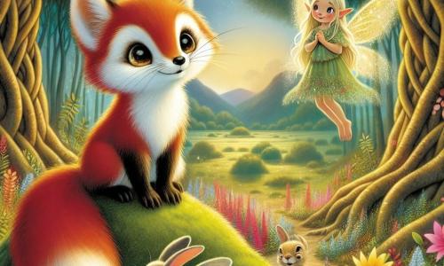 Im Zentrum des Bildes steht der kleine Frettchen Felix, ein bezaubernder roter Fuchs, der mit seinen funkelnden Augen große Neugier zeigt. Er steht auf einem kleinen Hügel, die Ohren aufgerichtet, bereit, die geheimnisvolle Landschaft vor ihm zu erkunden. Rechts von ihm schwebt Elara, eine zarte Elfe mit schimmernden Flügeln, leicht über dem Boden. Sie hat lange goldene Haare und trägt ein Kleid aus Blättern und Blumen, mit einem warmen und ermutigenden Lächeln. Etwas weiter hinten schaut ein kleiner Hase mit langen, weichen Ohren und silbernem Fell Felix mit hoffnungsvollen Augen an, während er leicht besorgt nach seiner Familie sucht. Die Szenerie ist ein wunderschöner verzauberter Wald, getaucht in goldenes Licht, mit majestätischen Bäumen und bunten Blumen, die im Wind tanzen. Ein sanfter Nebel umhüllt den Boden und verleiht der Umgebung eine mysteriöse Note. Die Hauptsituation zeigt Felix, Elara und den kleinen Hasen, die zusammenstehen, bereit für ein Abenteuer, um die Familie des Hasen zu finden, umgeben von der Magie und den Wundern der Feenwelt.