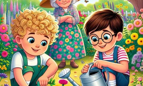 In un giardino colorato, Marco, un ragazzo di 8 anni con capelli biondi ricci e occhi vivaci, è accovacciato con una piccola pala di plastica, mentre pianta fiori. Accanto a lui, Luca, un altro ragazzo di 8 anni con capelli castani e occhiali, sorride tenendo un annaffiatoio pieno d'acqua. Sono circondati da fiori vivaci di tutti i colori: rosa, giallo e viola, che danzano dolcemente sotto la brezza estiva. Sullo sfondo, una gentile signora, Sara, una donna di una cinquantina d'anni con un grande cappello di paglia e un vestito floreale, li osserva con un sorriso benevolo. La scena mostra Marco e Luca mentre piantano fiori nella terra, con Sara che li incoraggia e spiega l'importanza di prendersi cura della natura. I raggi di sole illuminano il giardino, rendendo l'atmosfera ancora più magica.